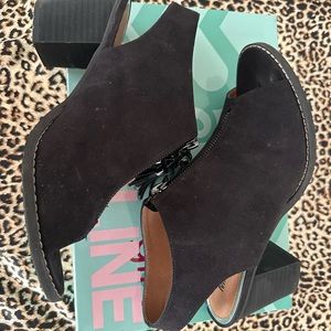 Madeline Girl Ethernal. Open-Toe Booties w/ Tassel Zipper-Black Suede